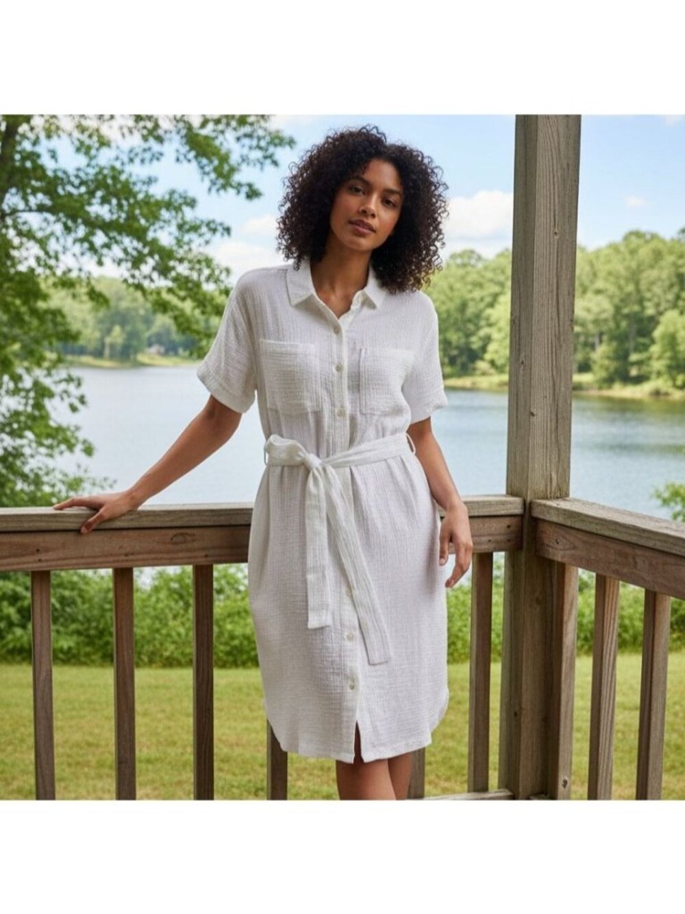 Weatherproof S 4/6 Cotton Belted Shirt Dress Gauze Lightweight Collared Pocket